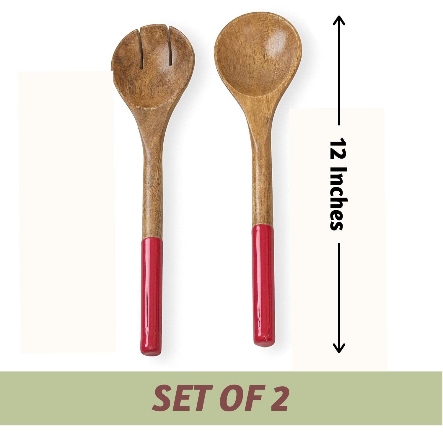 Folkulture Wooden Salad Tongs & Servers for Wooden Salad Bowl Set, Salad Hands for Kitchen Decor & Gifts, 12-Inch Spoon Fork Set, Red Enamel