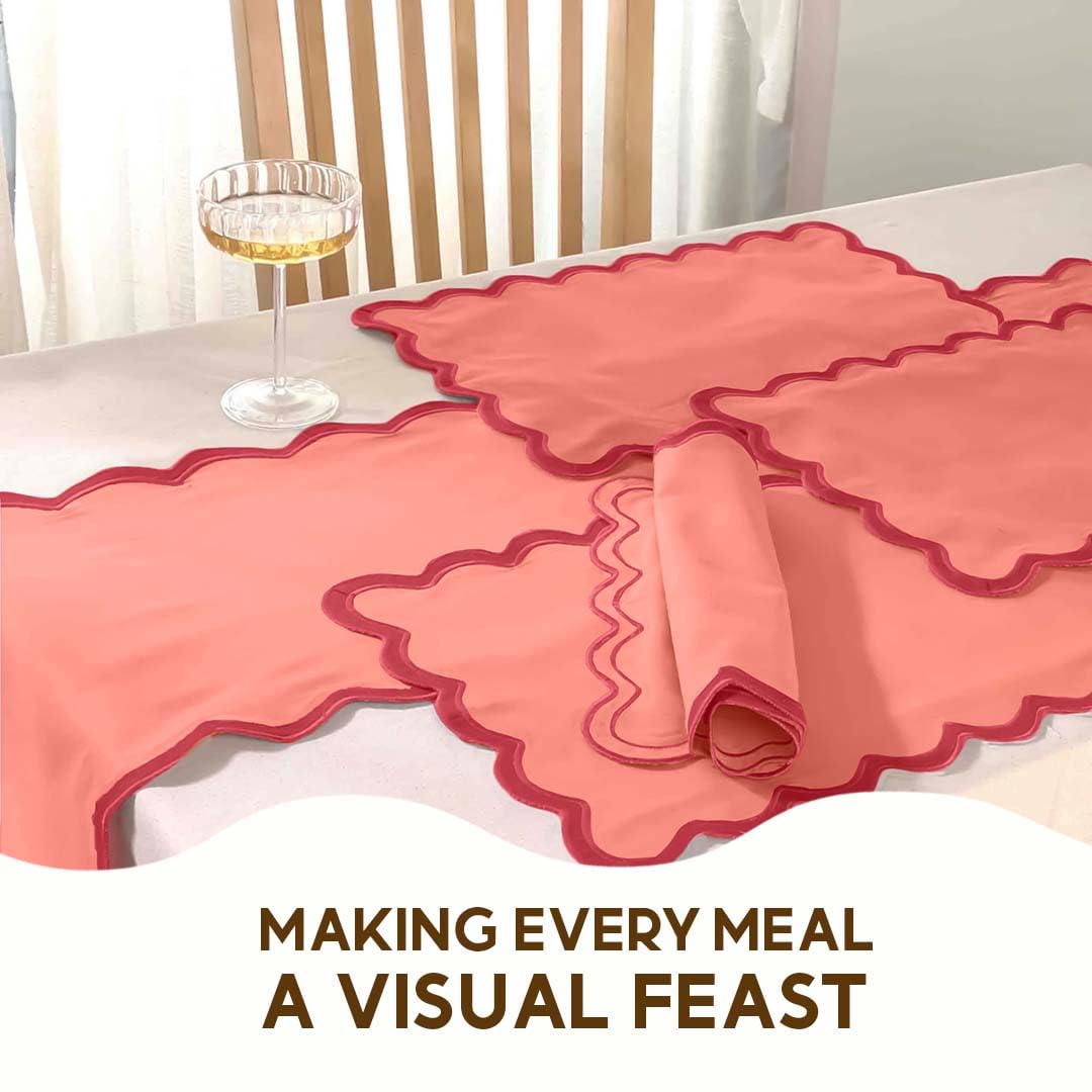 Folkulture Christmas Table Placemats | 13 x 19" Cotton Boho Set of 4 | Heat Resistant Scalloped Dining & Farmhouse Table Mats Coral Red