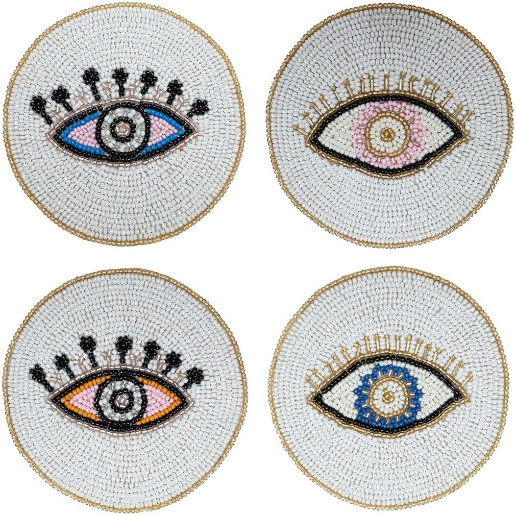 Folkulture Beaded Coasters for Drinks | Set of 4 (4") Round Decorative Bar Coaster for Table Décorations or Coffee Table | Cute Boho Coasters | Set of 4 Evil Eye Decor Gifts for Her