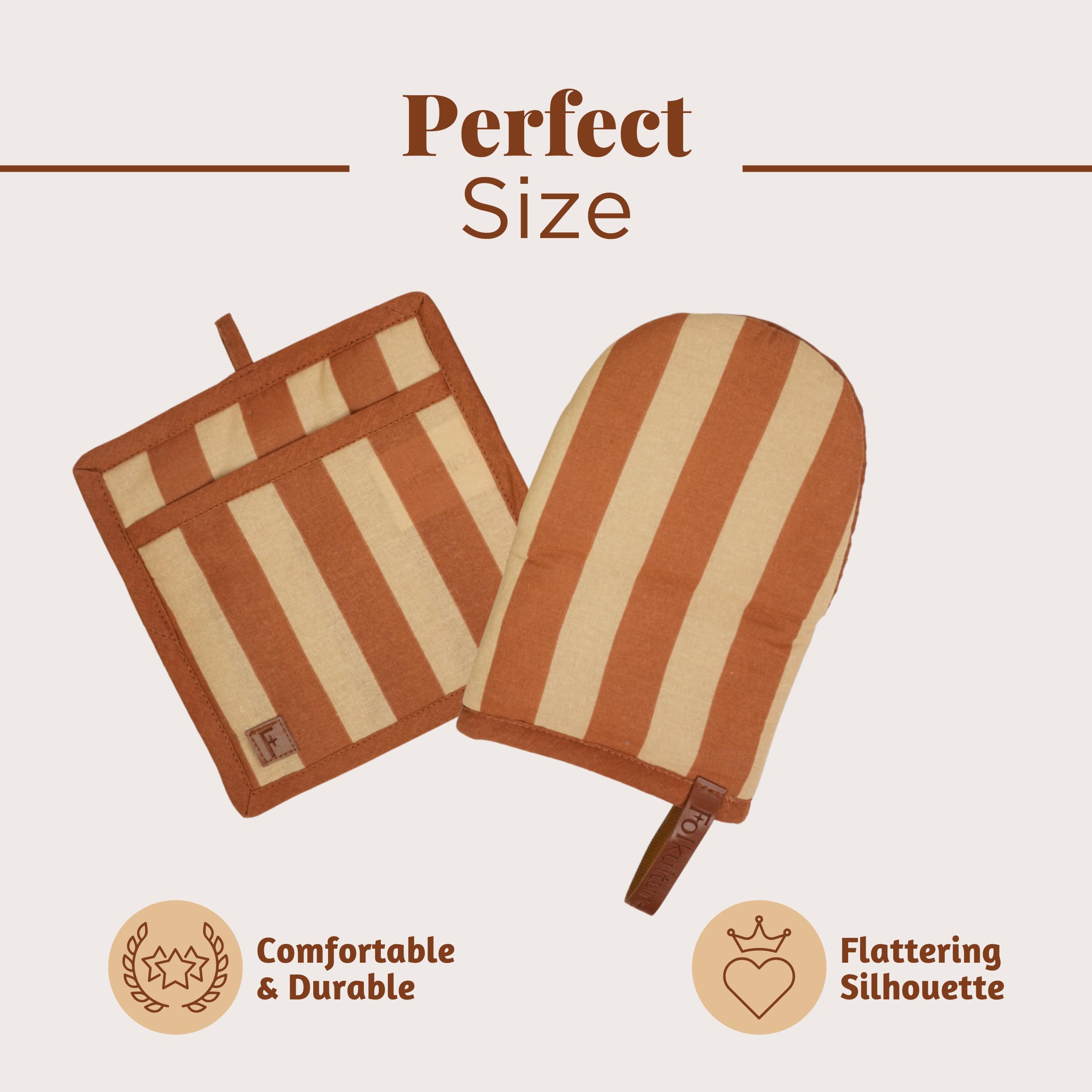 Folkulture Singles 100% Cotton with Silicon Mini mitt and Potholder - Caramel