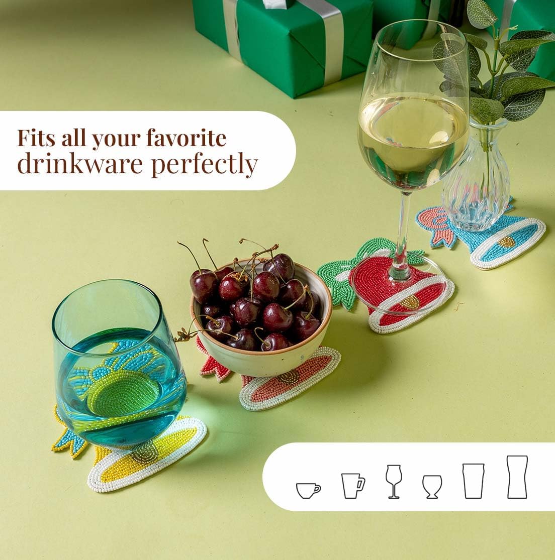 Folkulture Christmas Coasters Set of 4 (4") Merry Bell Coaster for Christmas Table | Cute Holiday Coasters for Christmas Décor Gifts for Women