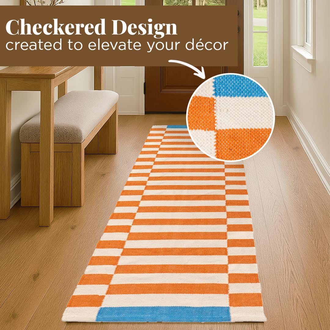 Folkulture Runner Rug for Hallways, 2x6 ft 100% Cotton Washable Bathroom Runner-Rugs or Kitchen & Home, 24x72 Inch (Rust & Blue)