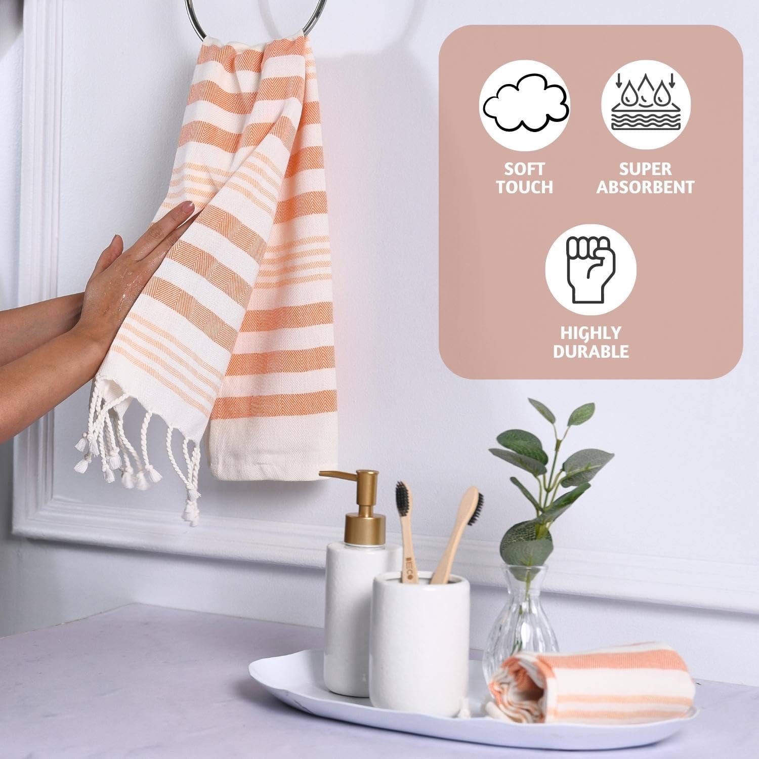 Folkulture Hand Towels Set of 2 (16 x 30) Orange Boho Decorative Hand Towel for Home Decor with Hanging Loop | 100% Cotton Turkish Hand Towels Set