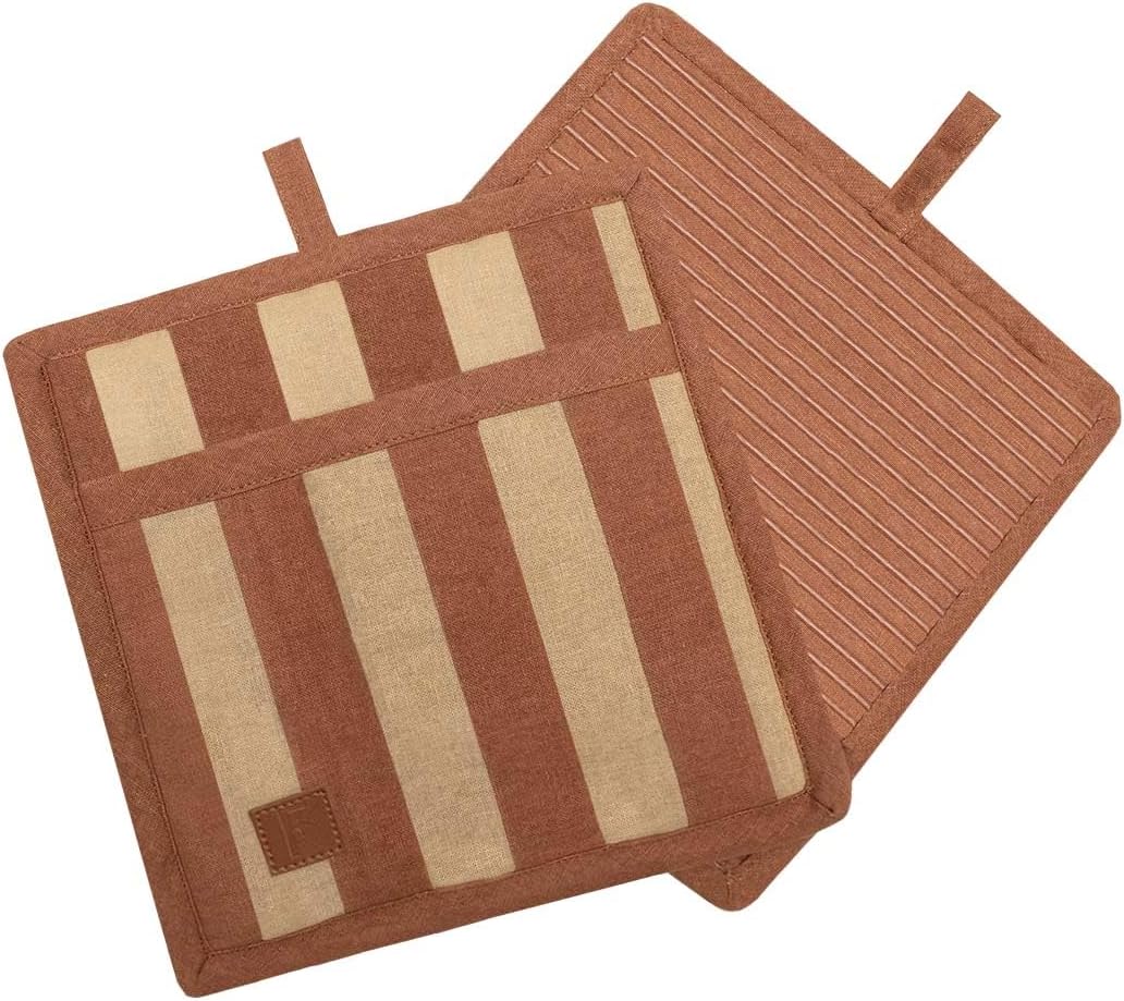 Folkulture Set of 2, 8" 100% Cotton and Silicon Square Potholders - Caramel