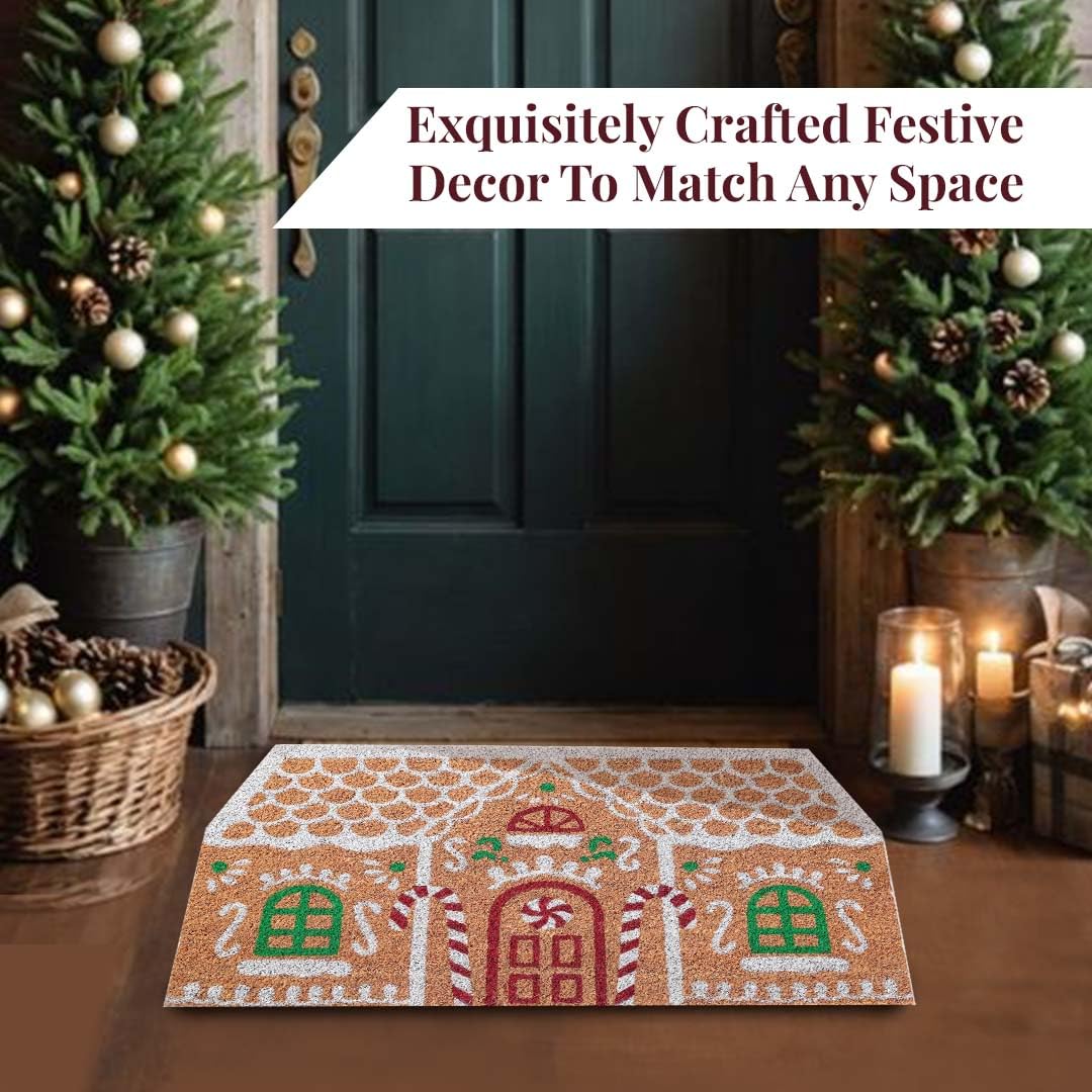 Folkulture Christmas Coir Door Mat | 28 x 16 Inch Eco-Friendly Anti-Slip Welcome Mat for Front Door & Home Entrance | Outdoor Doormat (Gingerbread House)