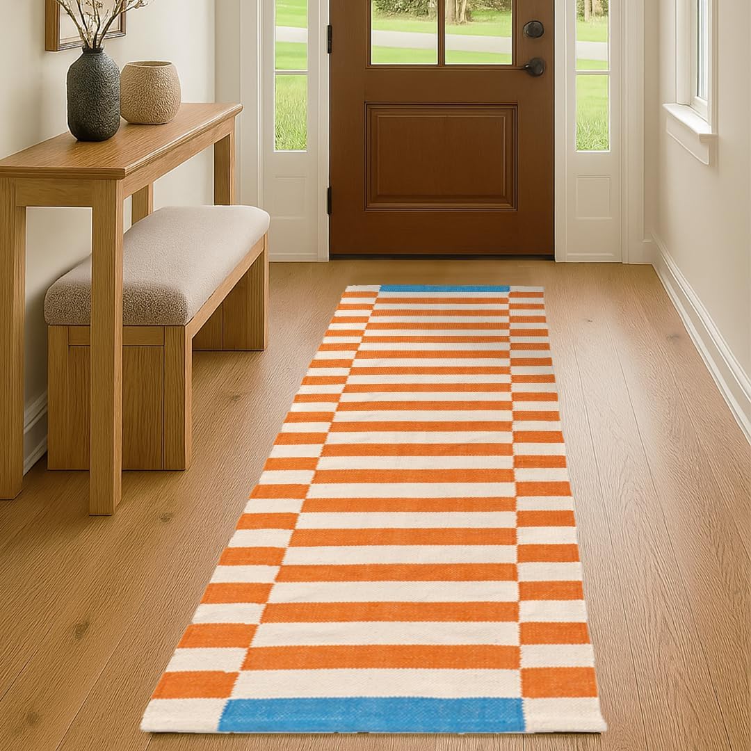 Folkulture Runner Rug for Hallways, 2x6 ft 100% Cotton Washable Bathroom Runner-Rugs or Kitchen & Home, 24x72 Inch (Rust & Blue)