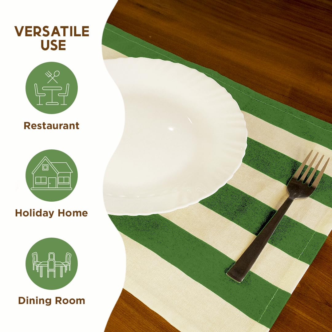 Folkulture Placemats Set of 4 (13x18)| 100% Cotton, Heat Resistant,Machine Washable |Green & White Striped Table Mats for Dining & Gifts