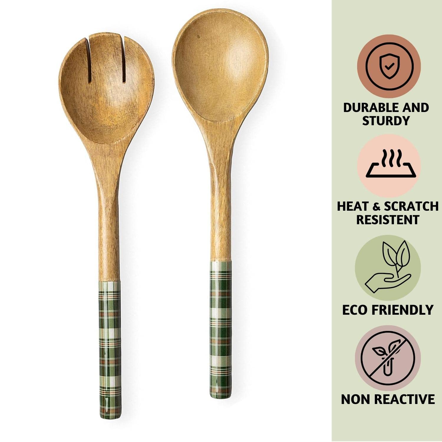 Folkulture Wooden Salad Servers, 12-Inch Salad Tongs for Wood Salad Bowl, Salad Hands for Kitchen Decor & Gifts, Mango Wood, Green Check