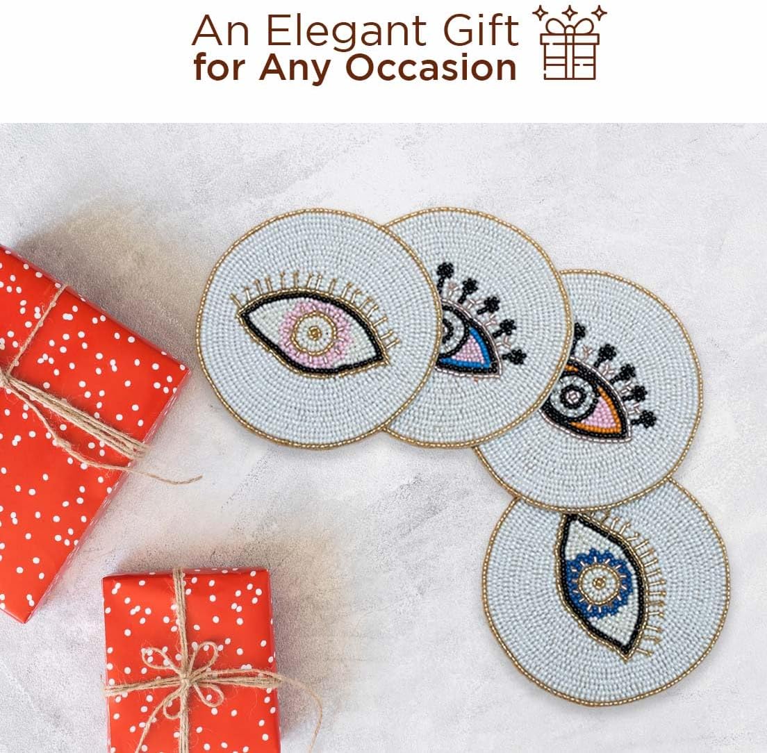 Folkulture Beaded Coasters for Drinks | Set of 4 (4") Round Decorative Bar Coaster for Table Décorations or Coffee Table | Cute Boho Coasters | Set of 4 Evil Eye Decor Gifts for Her