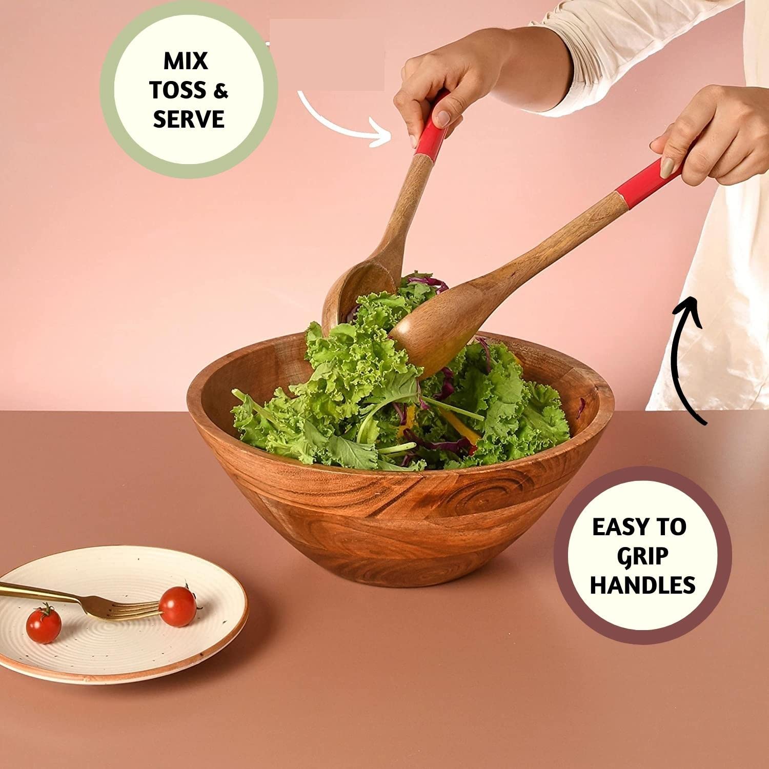 Folkulture Wooden Salad Tongs & Servers for Wooden Salad Bowl Set, Salad Hands for Kitchen Decor & Gifts, 12-Inch Spoon Fork Set, Red Enamel
