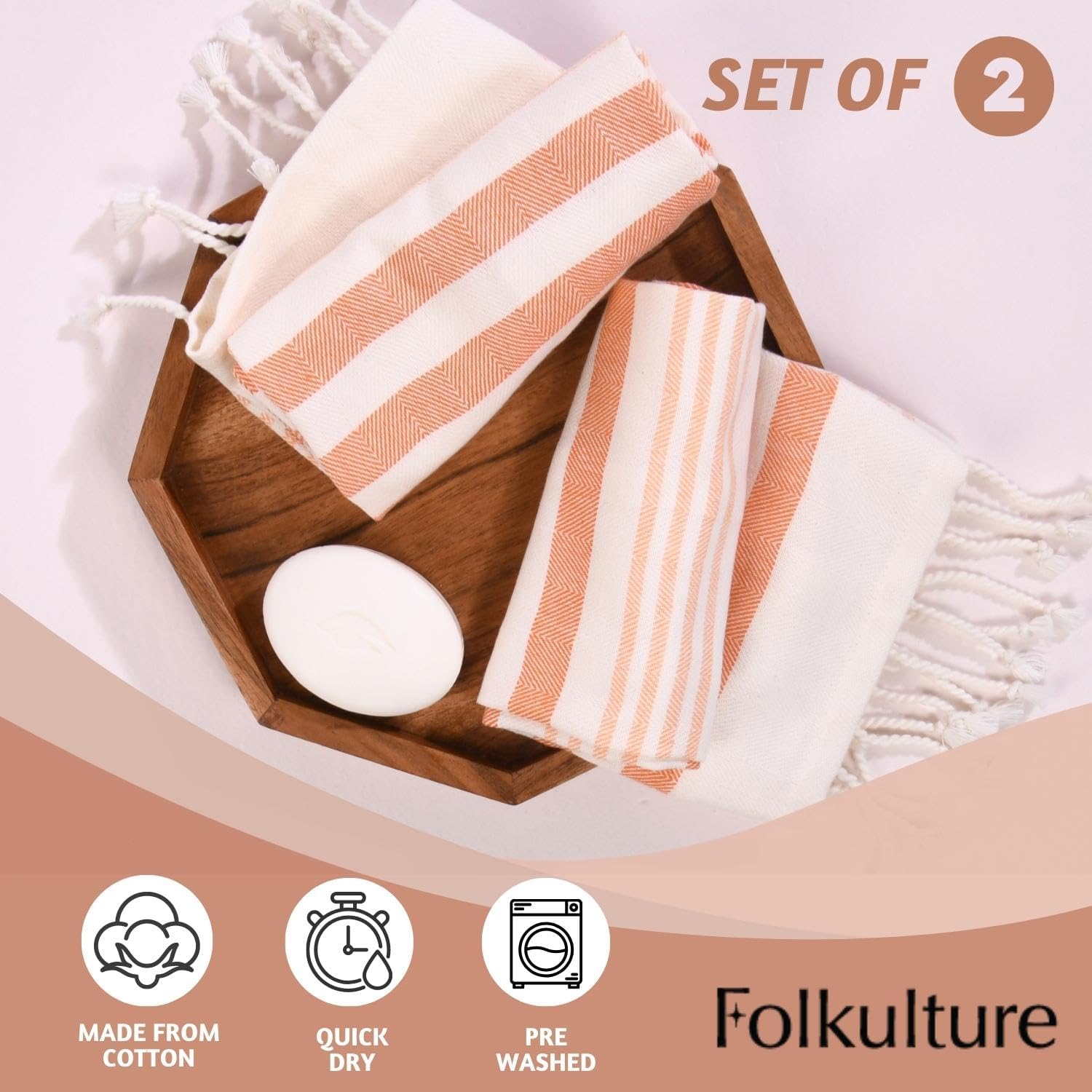 Folkulture Hand Towels Set of 2 (16 x 30) Orange Boho Decorative Hand Towel for Home Decor with Hanging Loop | 100% Cotton Turkish Hand Towels Set
