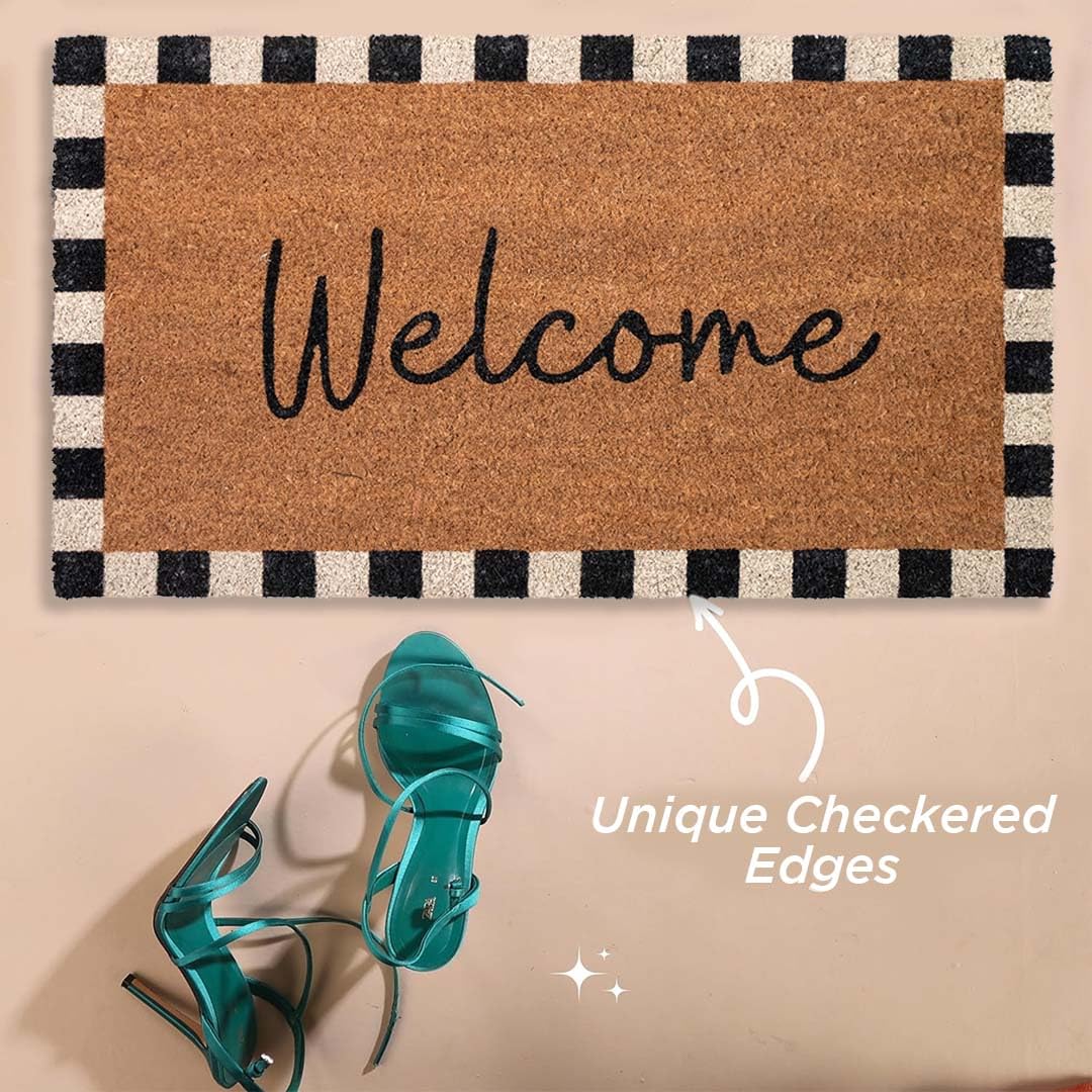 Folkulture Welcome Door Mat | (16 x 28) Welcome Matt or Checkered Doormat for Home Entrance | Durable & Anti Slip Coir Mats