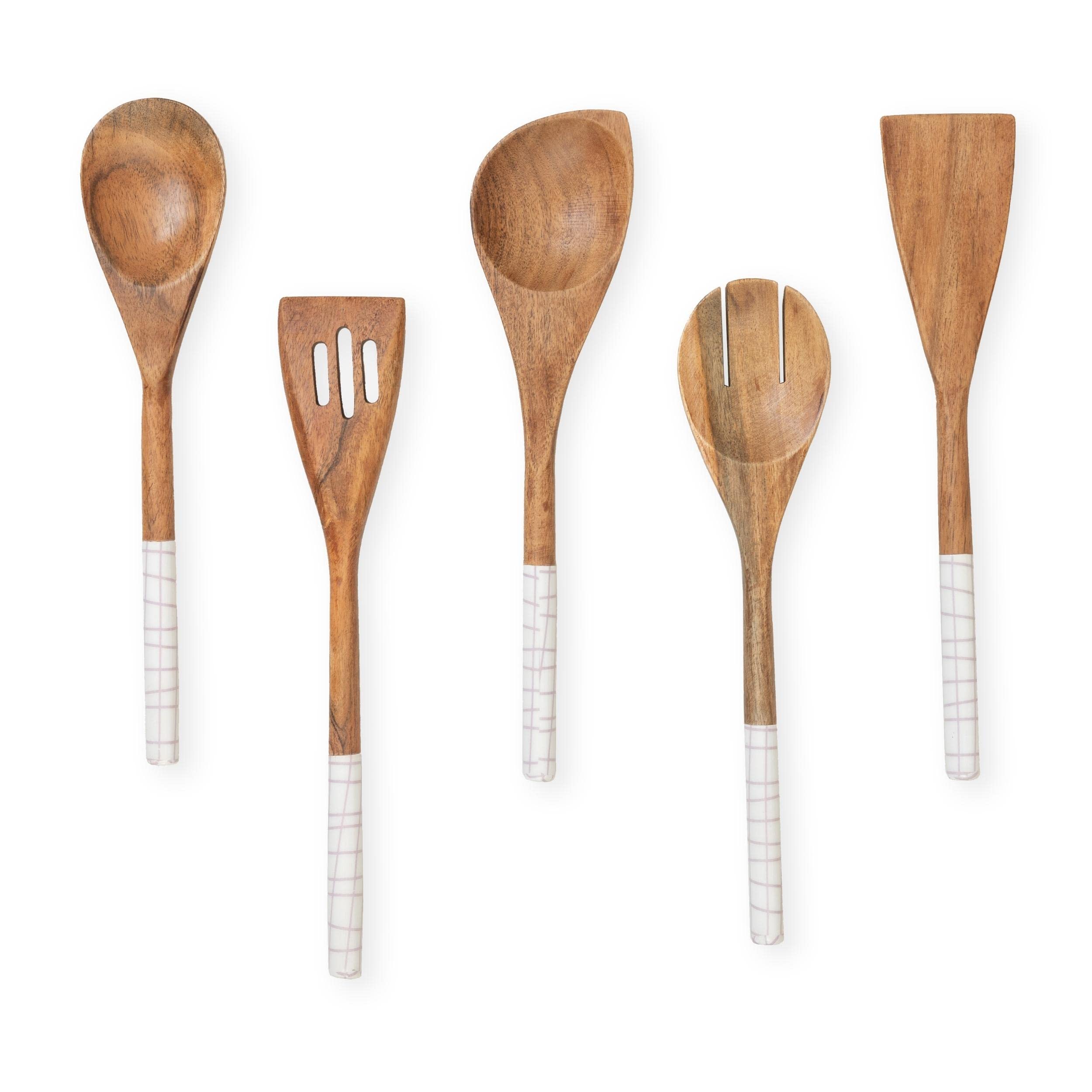 Folkulture Wooden Cooking Utensils White Checks - Set of 5
