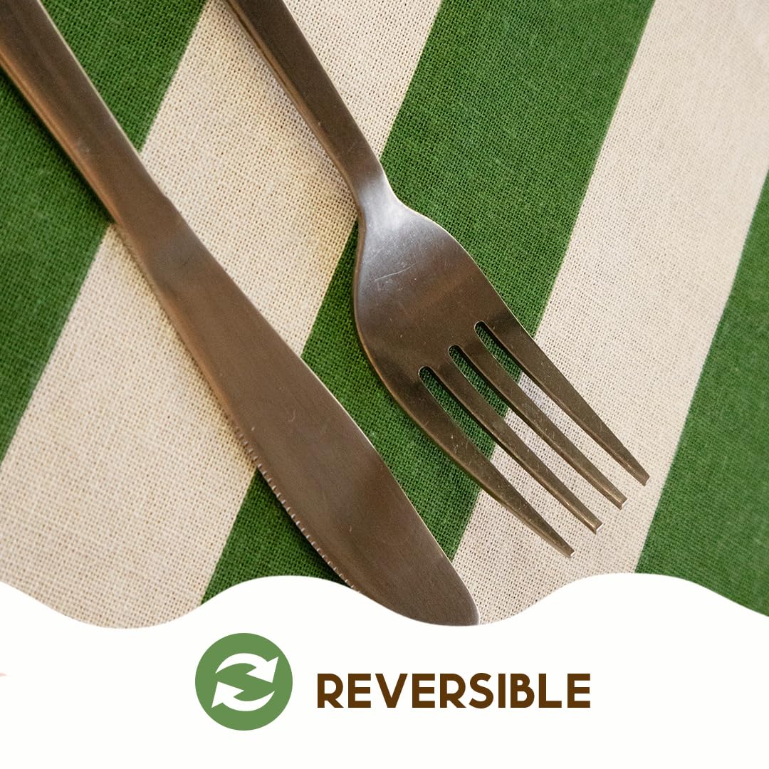 Folkulture Placemats Set of 4 (13x18)| 100% Cotton, Heat Resistant,Machine Washable |Green & White Striped Table Mats for Dining & Gifts