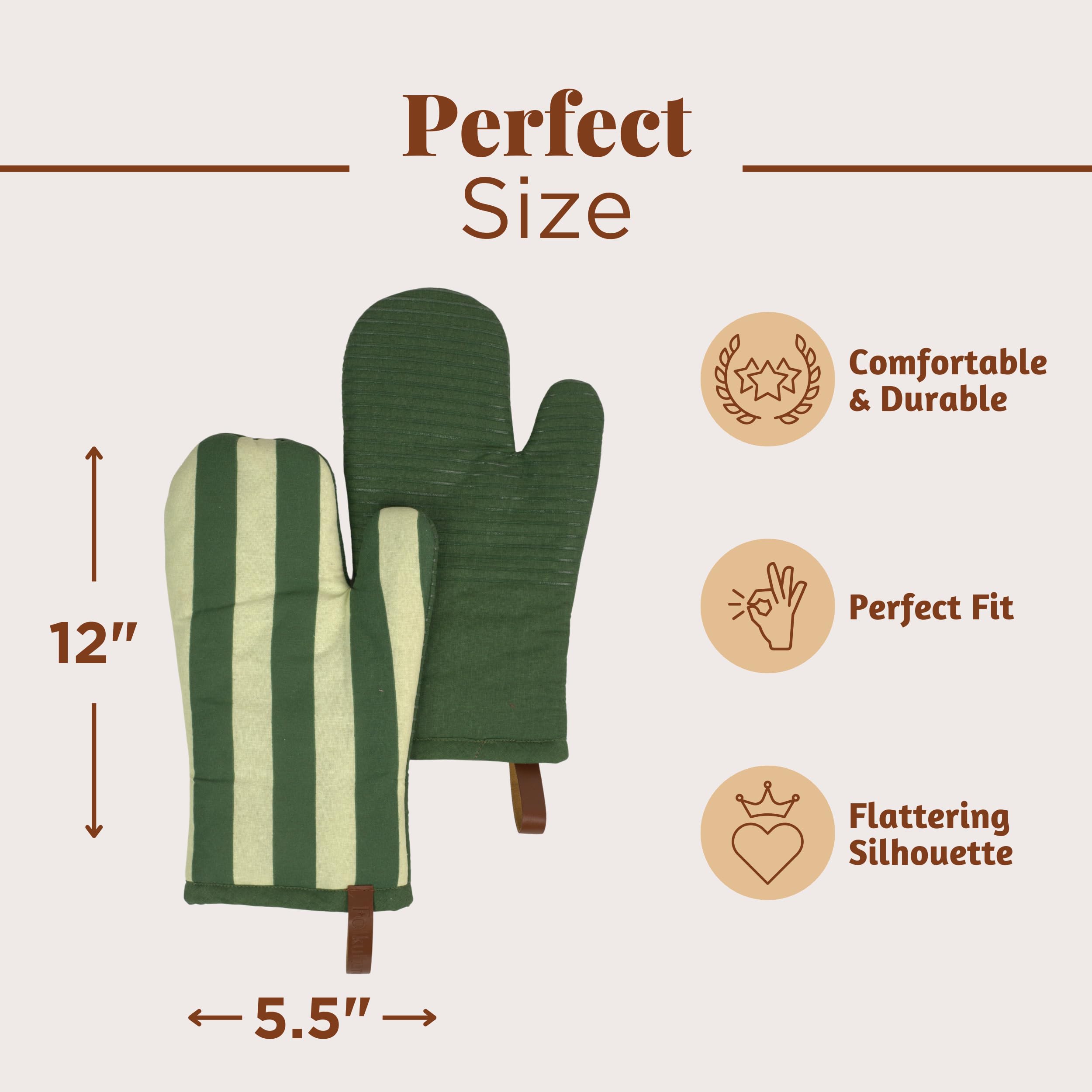 Folkulture Matcha Oven Glove | 100% Cotton with Non-Slip Silicone Grip | Heat Resistant Quilted Mitt for Cooking, Baking | Kitchen Essential - Matcha