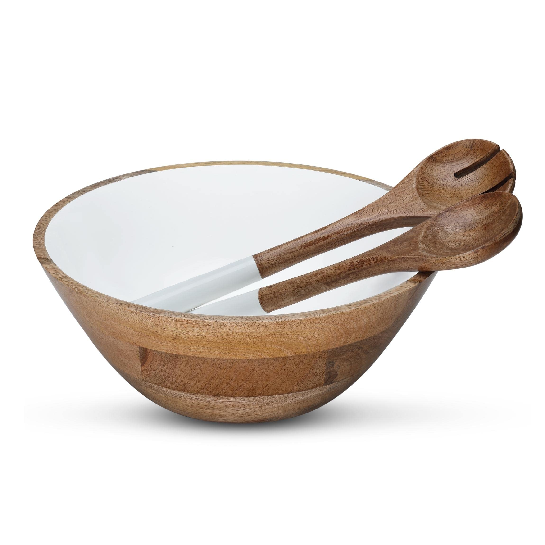Folkulture Mango Wood White Enamel 12" Salad Bowl with Servers