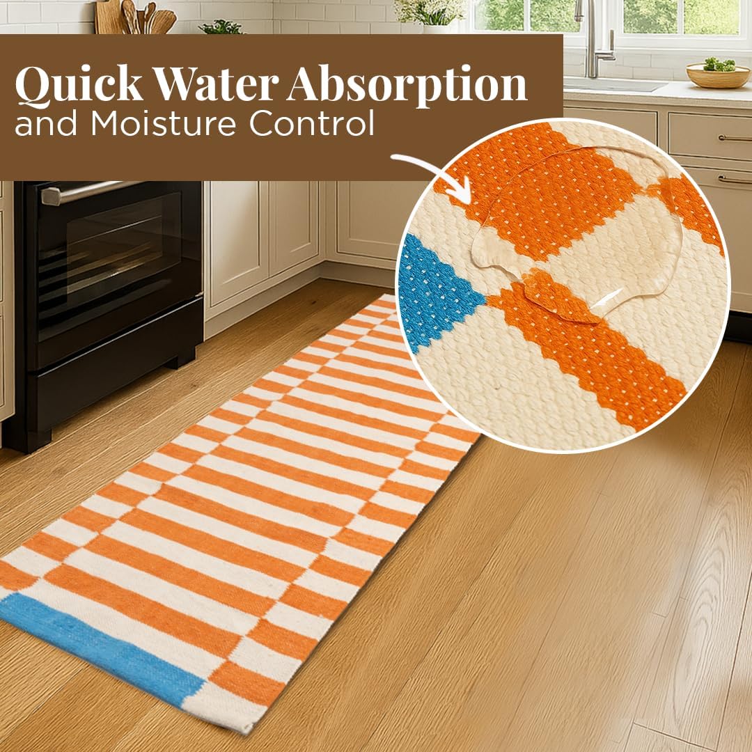 Folkulture Runner Rug for Hallways, 2x6 ft 100% Cotton Washable Bathroom Runner-Rugs or Kitchen & Home, 24x72 Inch (Rust & Blue)