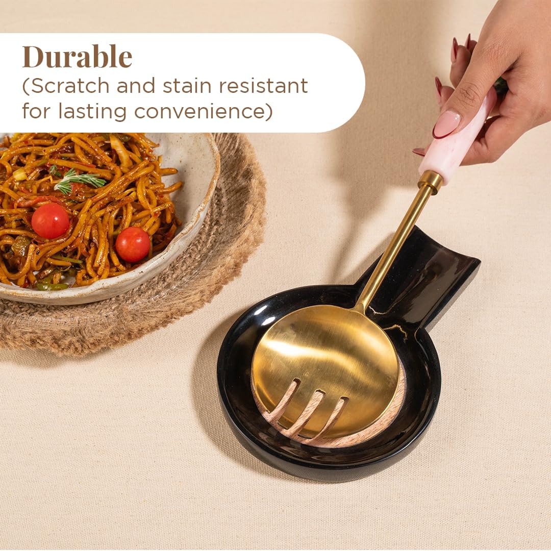 Folkulture Spoon Rest or Spoon Holder | (7 x 5") Resin Spoon Rest for Stove Top or Kitchen Utensils Holder | Spatula Holders for Rustic Kitchen Decor | Spoon Holder for Home (Black)