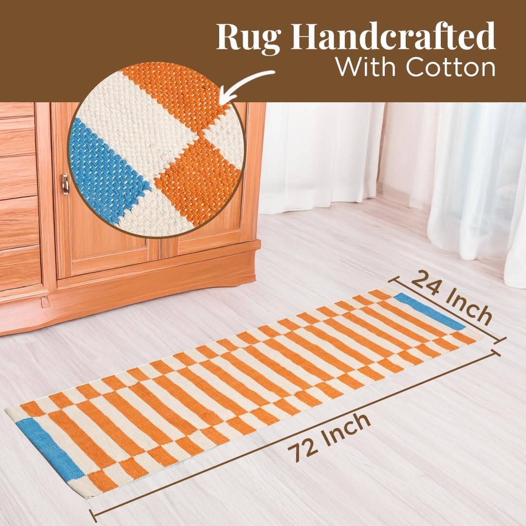 Folkulture Runner Rug for Hallways, 2x6 ft 100% Cotton Washable Bathroom Runner-Rugs or Kitchen & Home, 24x72 Inch (Rust & Blue)