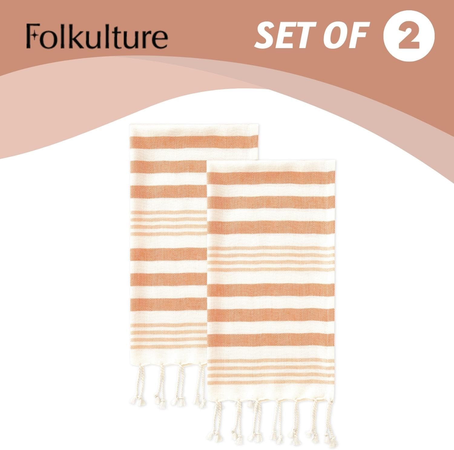 Folkulture Hand Towels Set of 2 (16 x 30) Orange Boho Decorative Hand Towel for Home Decor with Hanging Loop | 100% Cotton Turkish Hand Towels Set