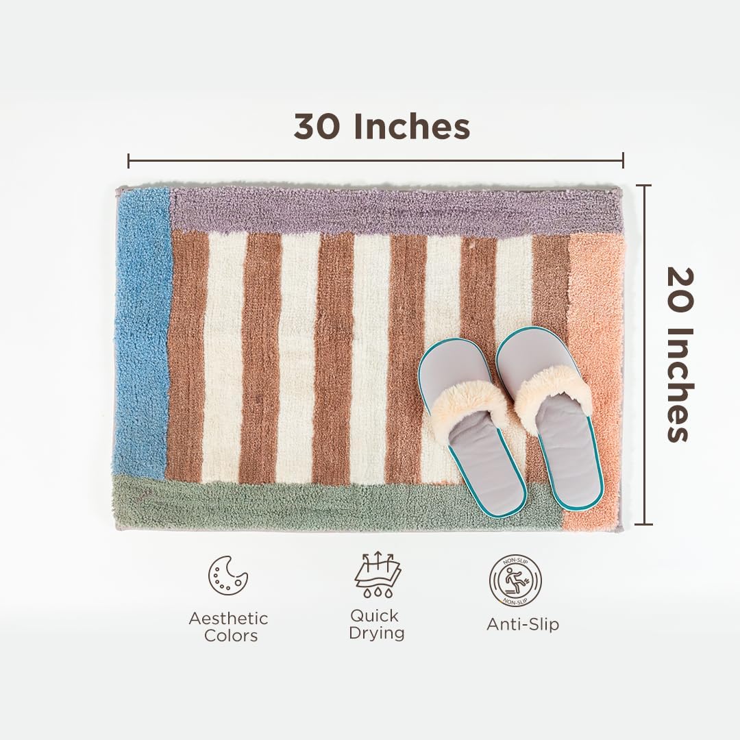Folkulture Bathroom Rugs | (20 x 30) Stripe Bathmats for Bathroom or Microfiber Bath Rug | Quick Drying Washable Non Slip Bath Mat for Washroom