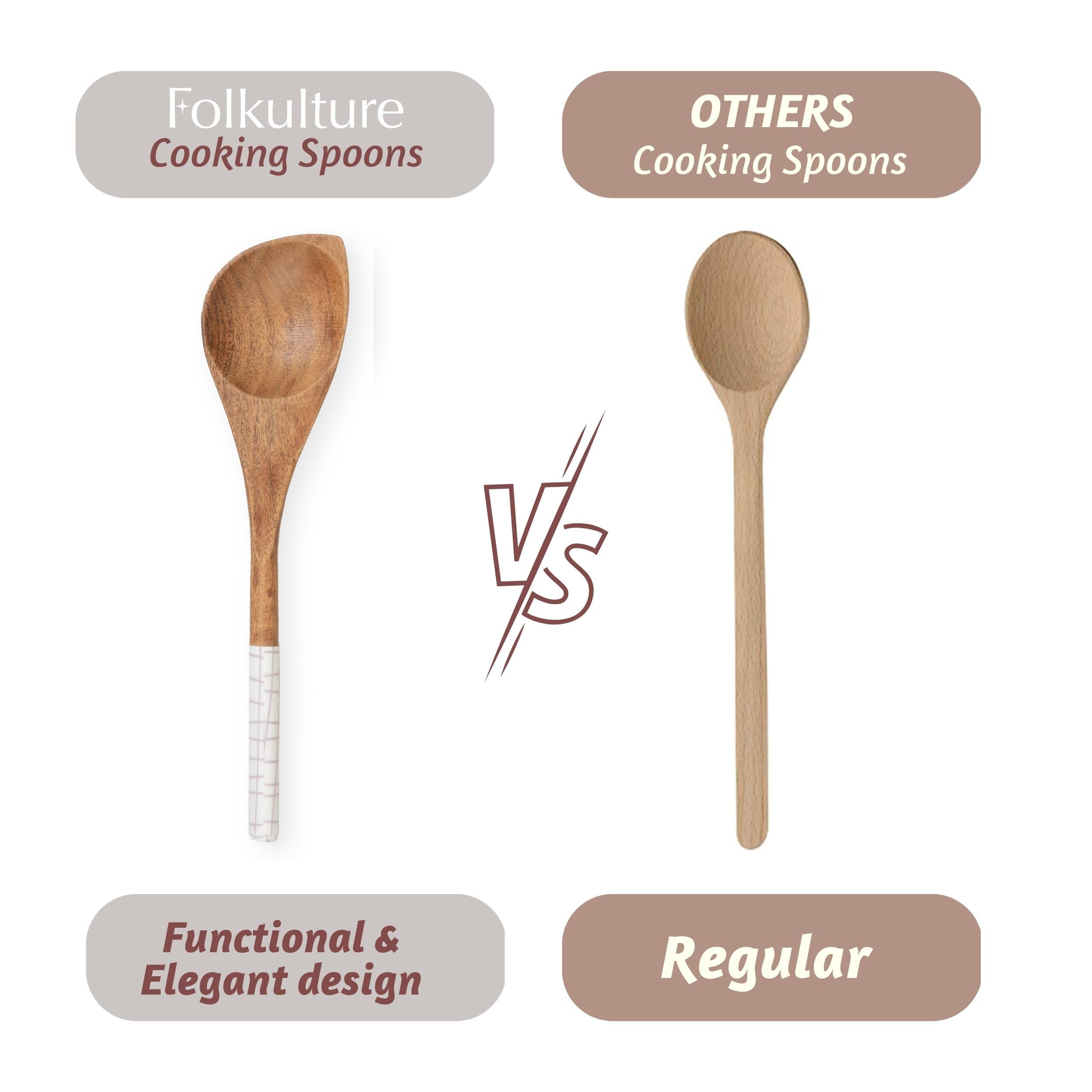 Folkulture Wooden Cooking Utensils White Checks - Set of 5