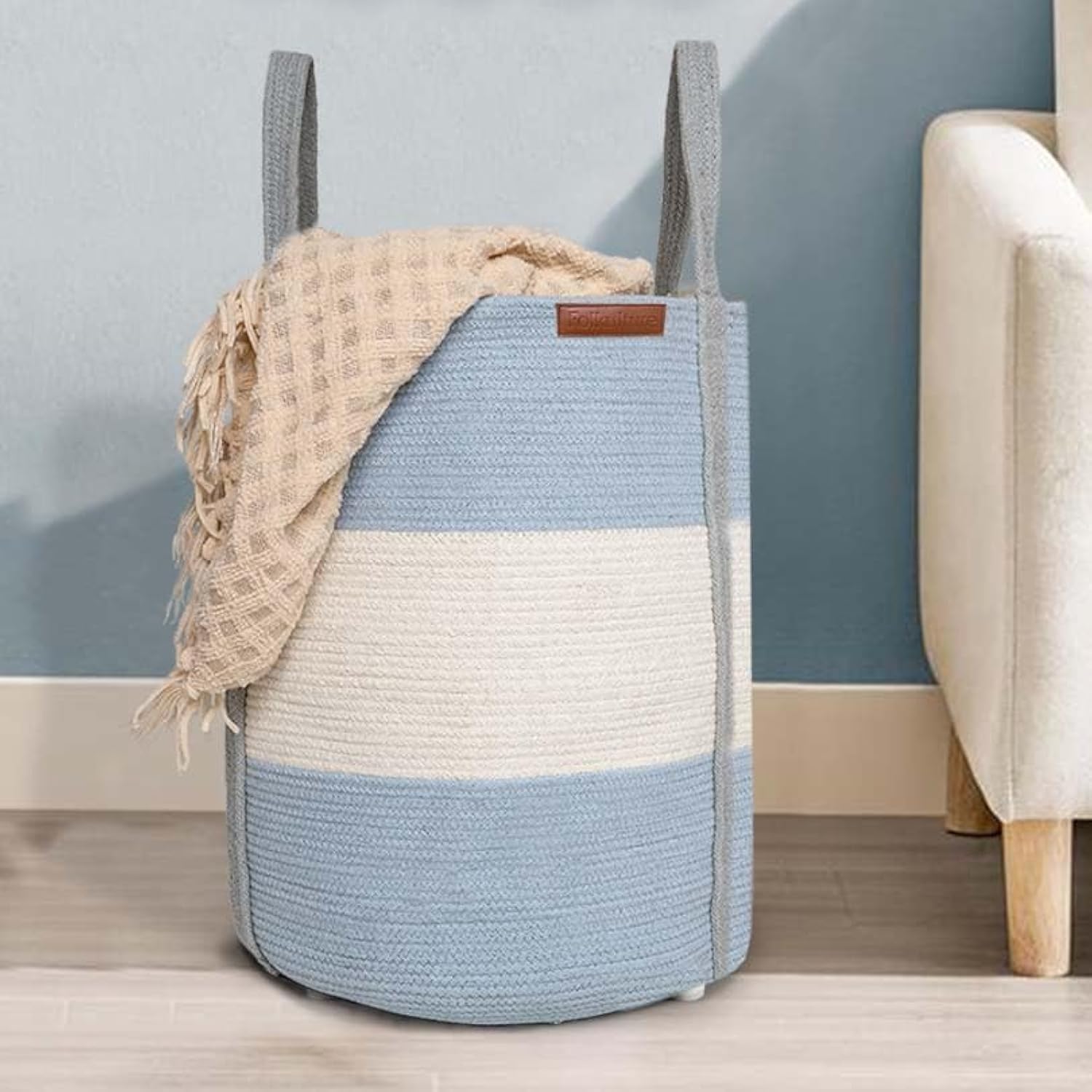 Folkulture 20" X 15" Cotton Rope Laundry Basket - Blue Gray