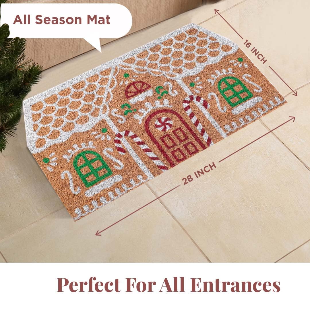 Folkulture Christmas Coir Door Mat | 28 x 16 Inch Eco-Friendly Anti-Slip Welcome Mat for Front Door & Home Entrance | Outdoor Doormat (Gingerbread House)