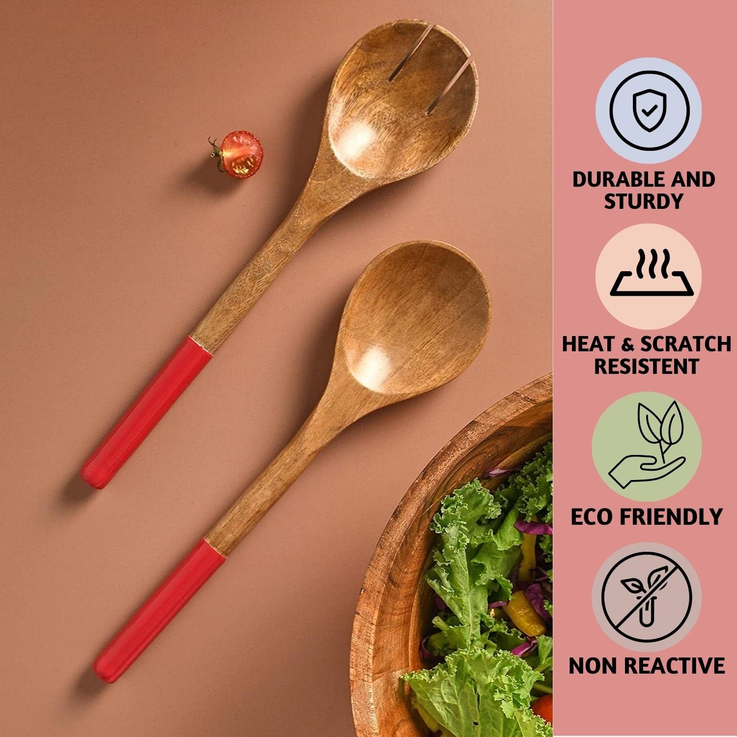 Folkulture Wooden Salad Tongs & Servers for Wooden Salad Bowl Set, Salad Hands for Kitchen Decor & Gifts, 12-Inch Spoon Fork Set, Red Enamel