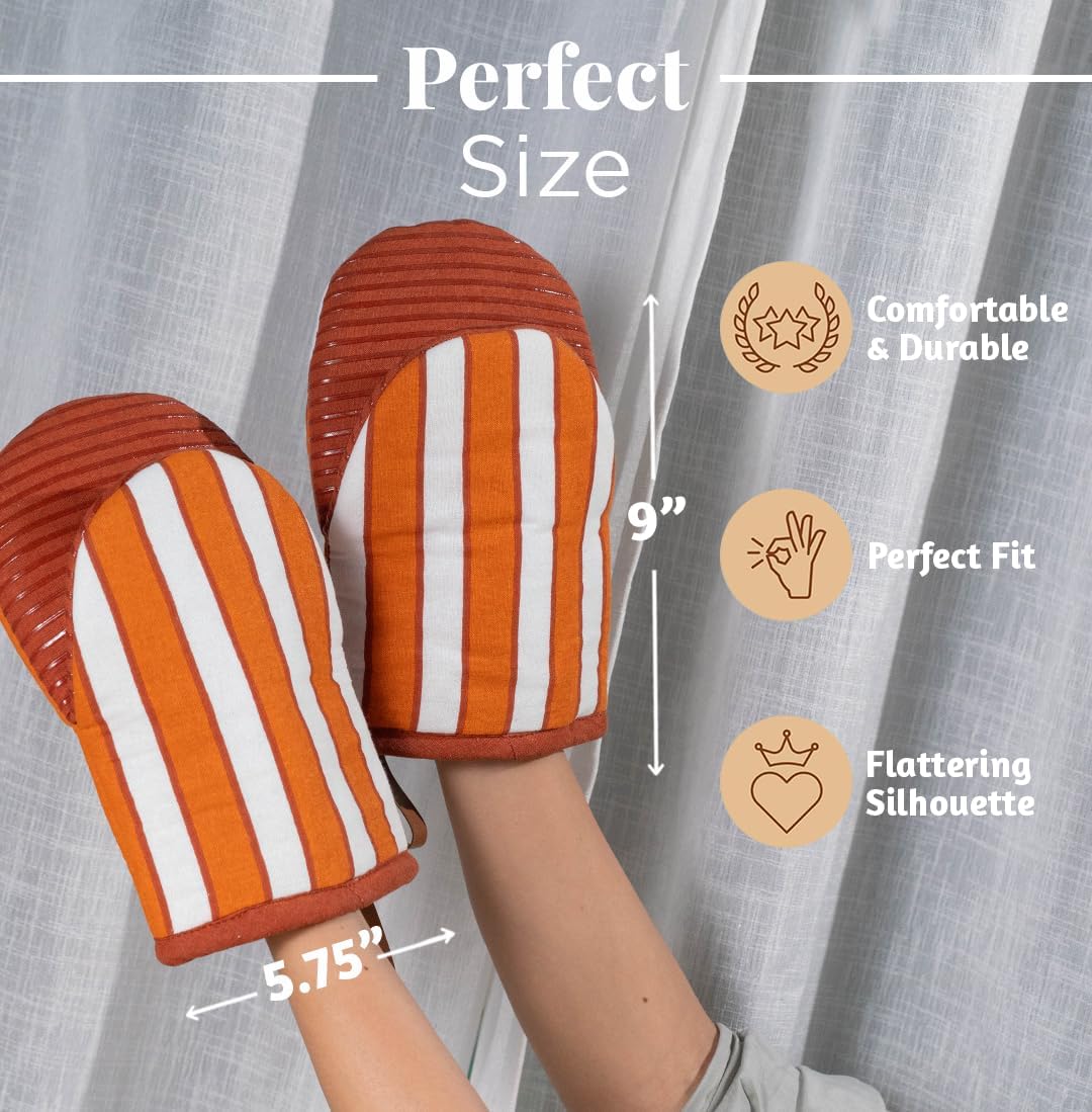 Folkulture Mini Oven Mitts Heat Resistant | Set of 2 (5.75 x 9) Orange Fall Oven Mitts with Hanging Loop | 100% Cotton Oven Gloves (Rust and Roast)