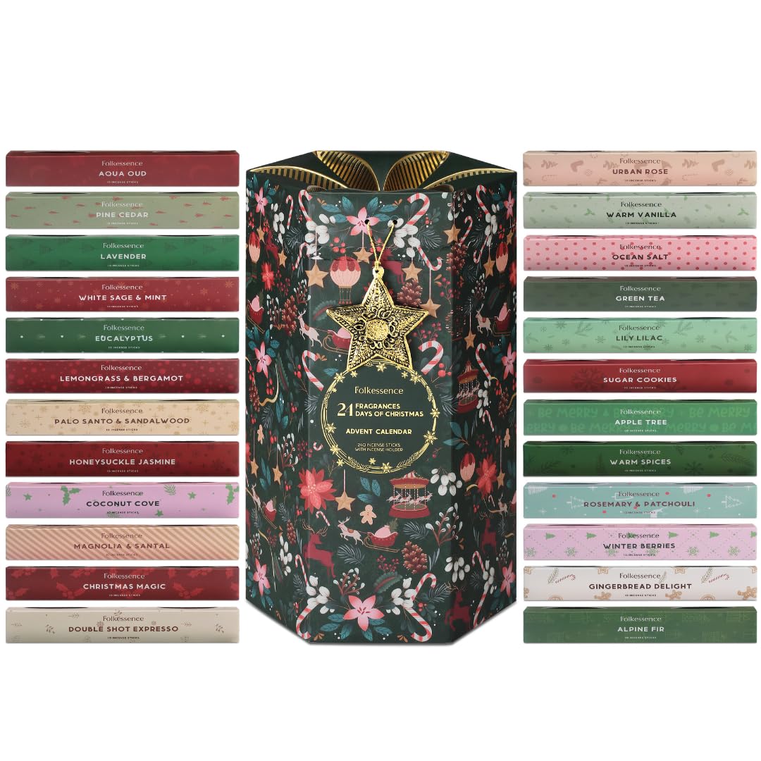 Folkulture Christmas Advent Calendar 2025 | Pack of 24 Organic Incense Sticks | Non-Toxic, Slow Burning Incense for Gifts | Xmas Gifts for Women | Holiday Scented Calendar