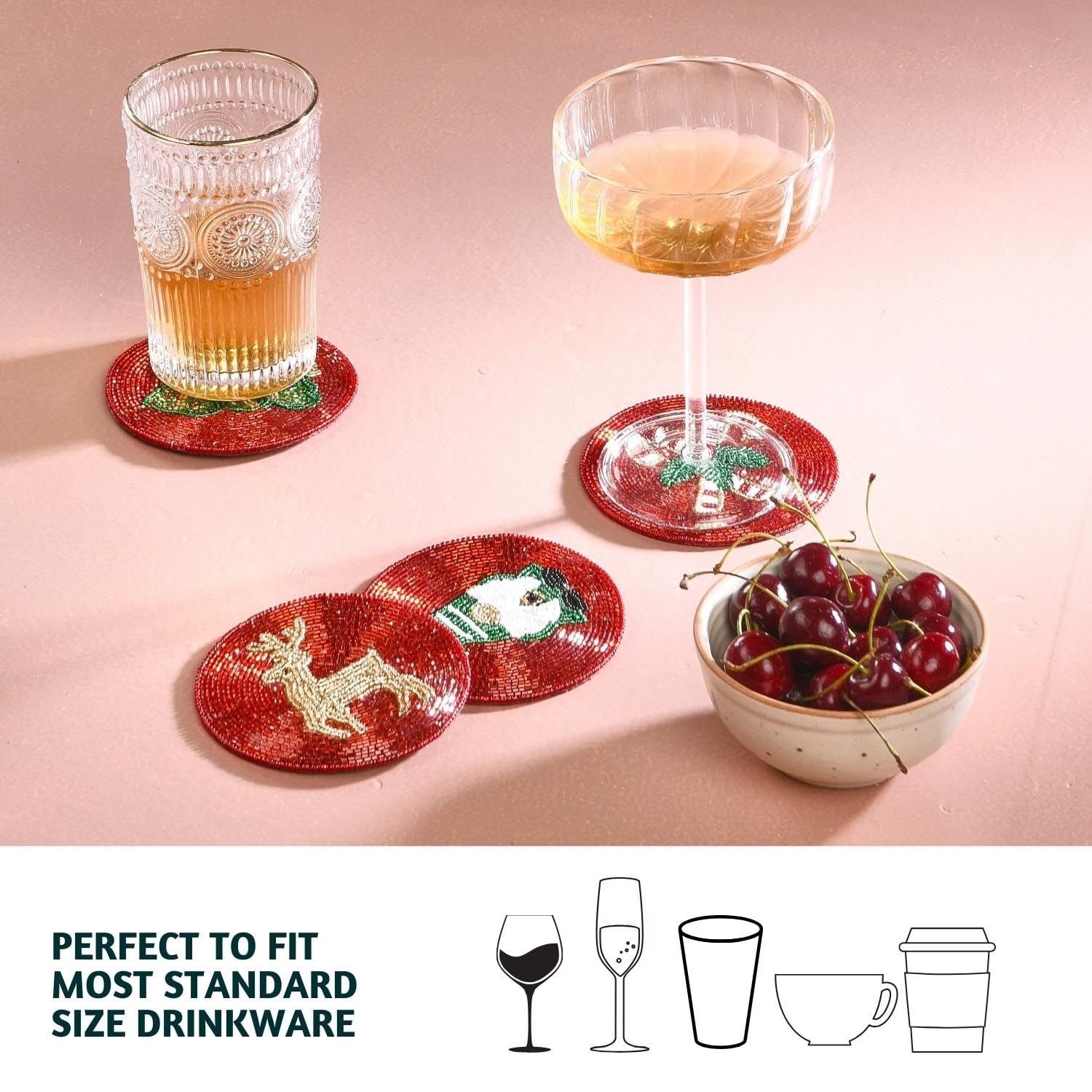 Folkulture Xmas Coasters Set of 4 | 4" Boho Farmhouse Table Coasters | Holiday Table Accessories & Party DecorationsHoliday Magic