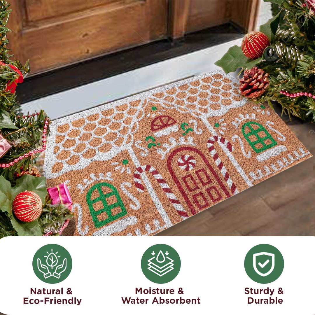Folkulture Christmas Coir Door Mat | 28 x 16 Inch Eco-Friendly Anti-Slip Welcome Mat for Front Door & Home Entrance | Outdoor Doormat (Gingerbread House)