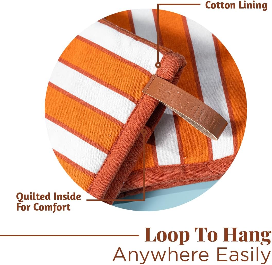 Folkulture Mini Oven Mitts Heat Resistant | Set of 2 (5.75 x 9) Orange Fall Oven Mitts with Hanging Loop | 100% Cotton Oven Gloves (Rust and Roast)