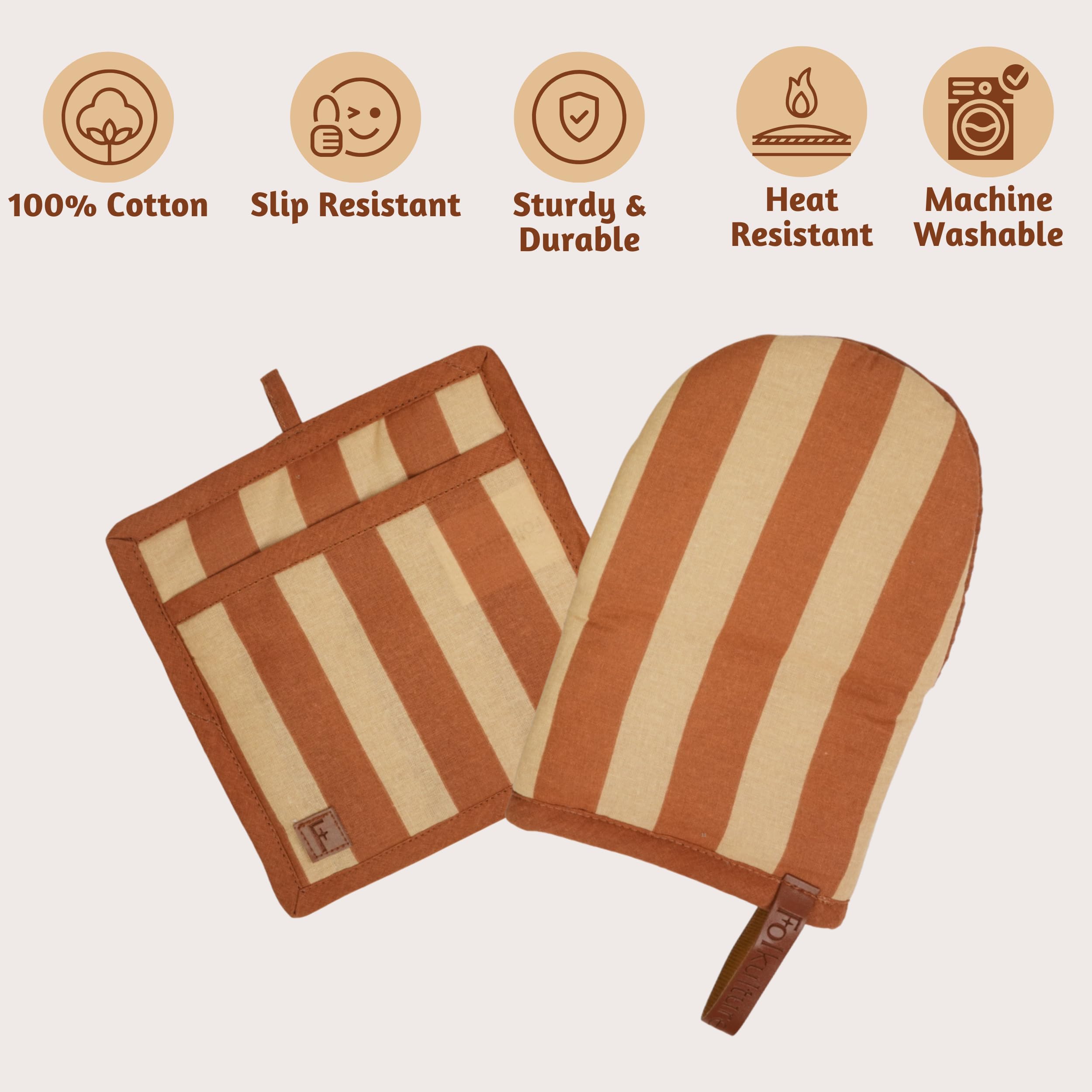 Folkulture Singles 100% Cotton with Silicon Mini mitt and Potholder - Caramel