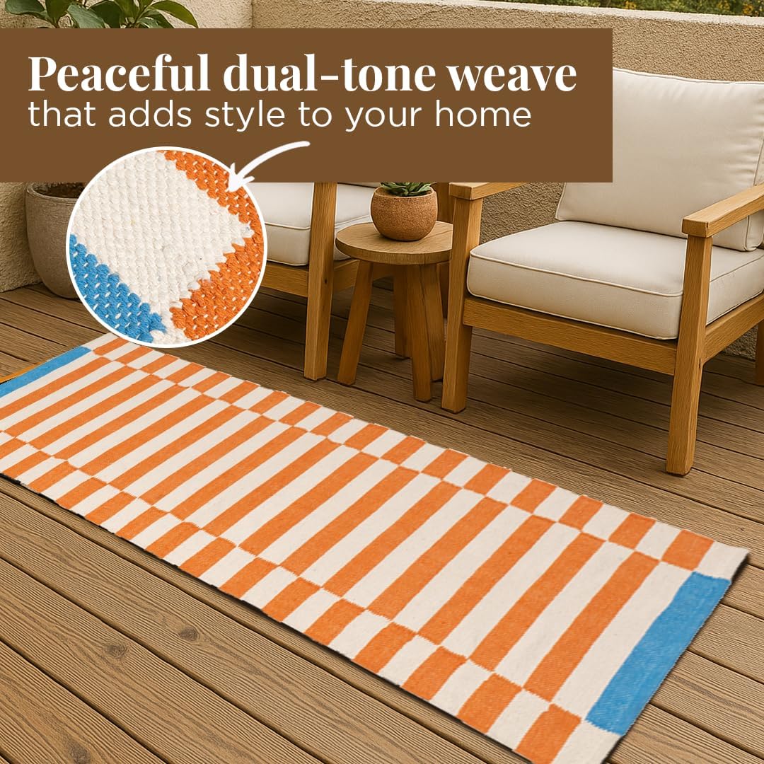 Folkulture Runner Rug for Hallways, 2x6 ft 100% Cotton Washable Bathroom Runner-Rugs or Kitchen & Home, 24x72 Inch (Rust & Blue)