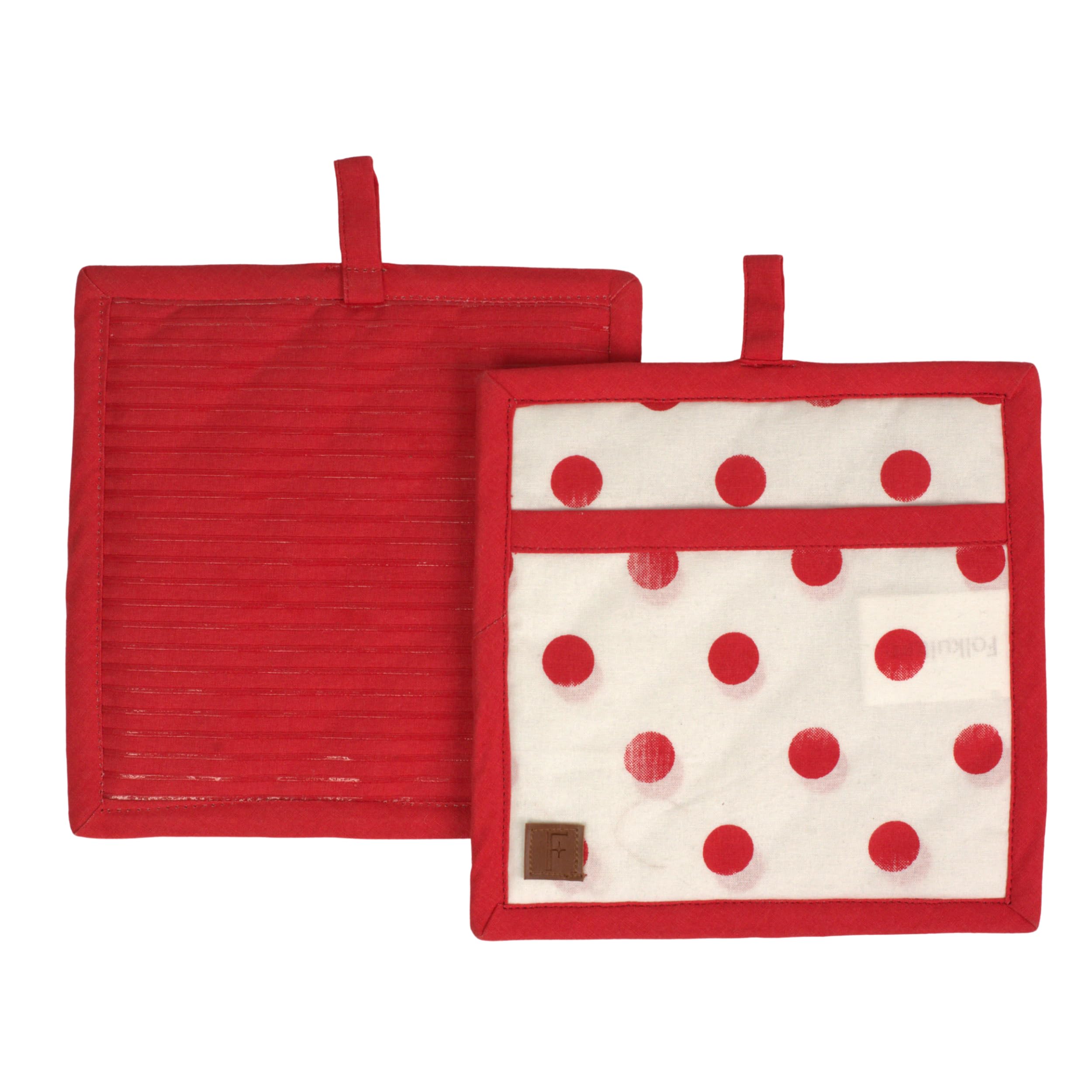 Folkulture Pot Holders 8"x8" Pack of 2 | Ribbed Silicone & Cotton Hot Pads | Heat Resistant, Non-Slip, Machine Washable- Red Polka Dots