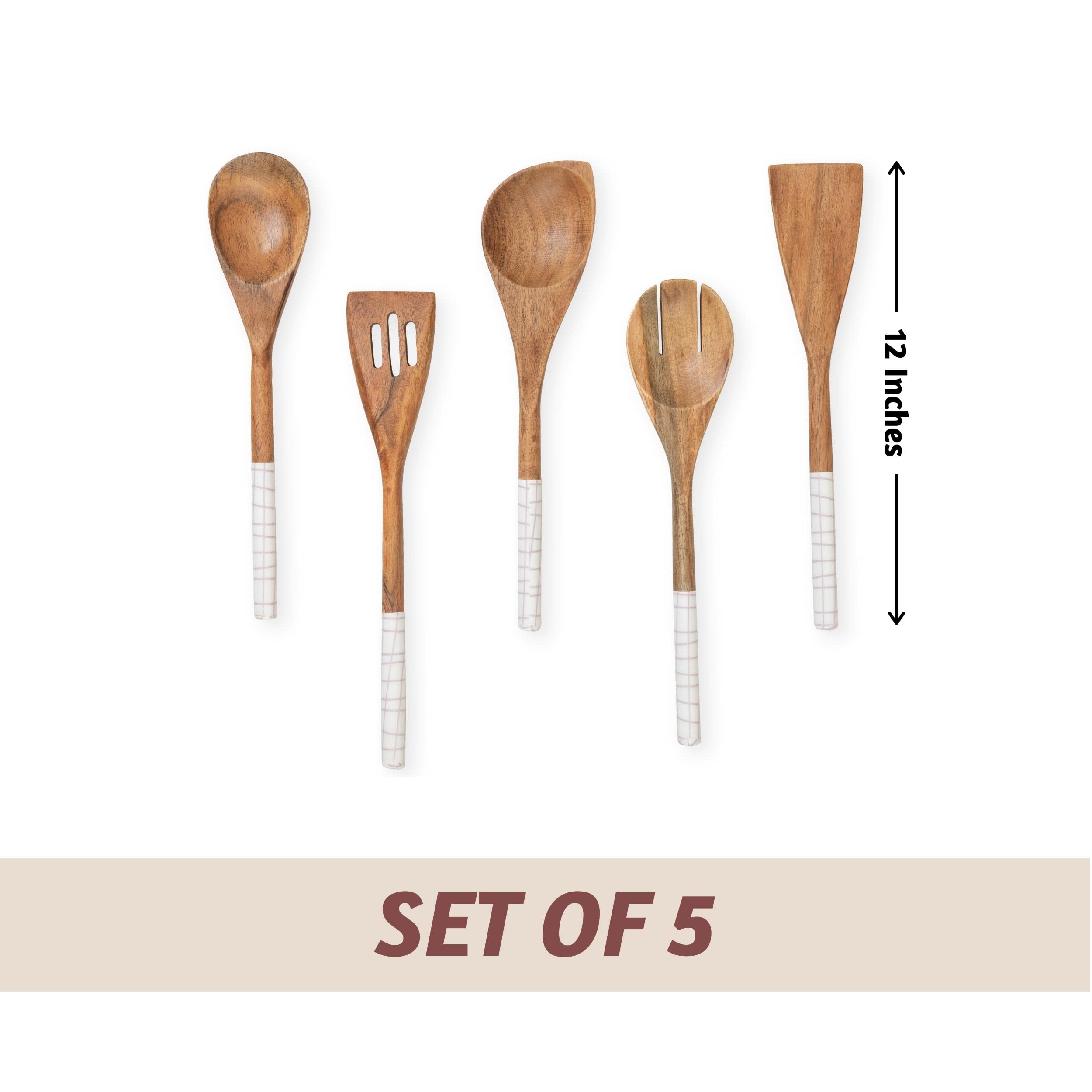 Folkulture Wooden Cooking Utensils White Checks - Set of 5