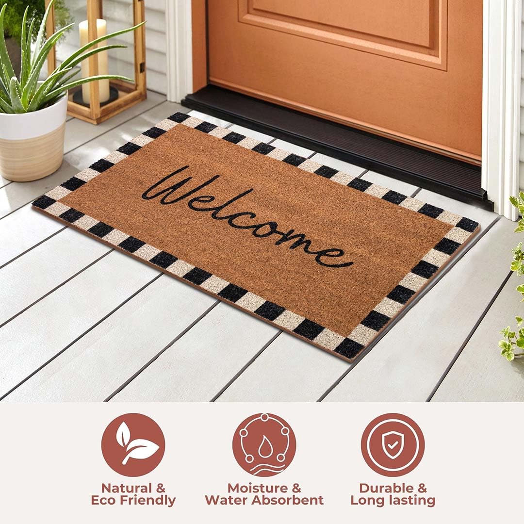 Folkulture Welcome Door Mat | (16 x 28) Welcome Matt or Checkered Doormat for Home Entrance | Durable & Anti Slip Coir Mats