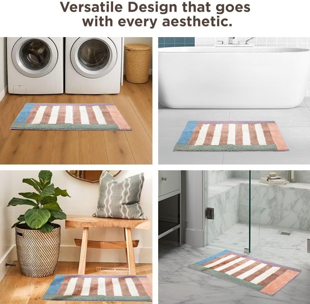 Folkulture Bathroom Rugs | (20 x 30) Stripe Bathmats for Bathroom or Microfiber Bath Rug | Quick Drying Washable Non Slip Bath Mat for Washroom