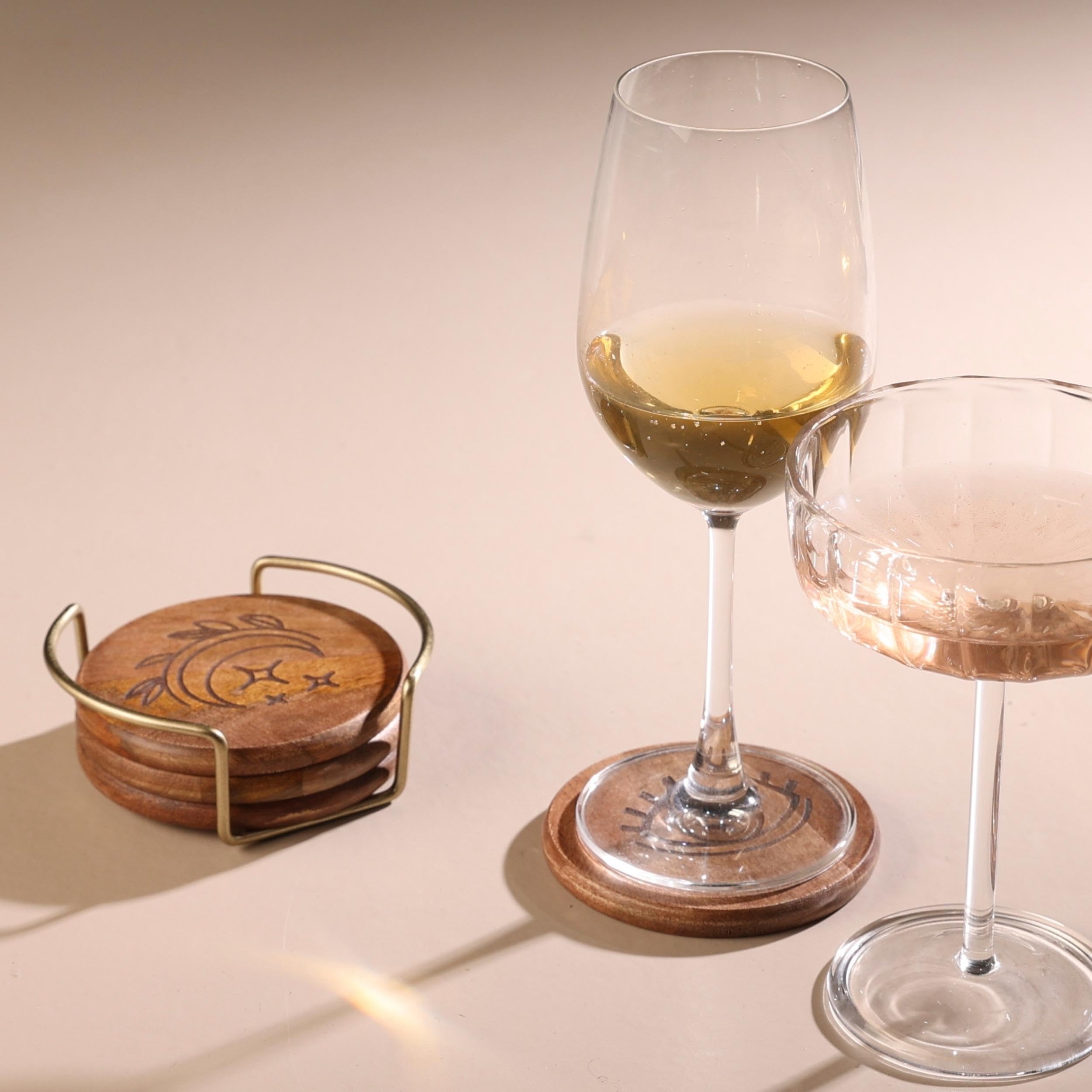 Folkulture Set of 4, 4" Round Mango Wood Boho Coasters with Holder