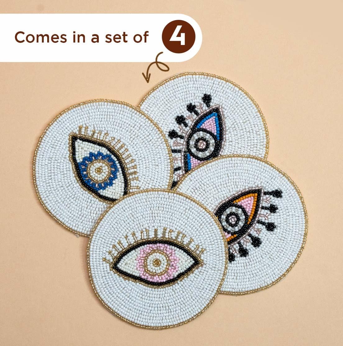 Folkulture Beaded Coasters for Drinks | Set of 4 (4") Round Decorative Bar Coaster for Table Décorations or Coffee Table | Cute Boho Coasters | Set of 4 Evil Eye Decor Gifts for Her