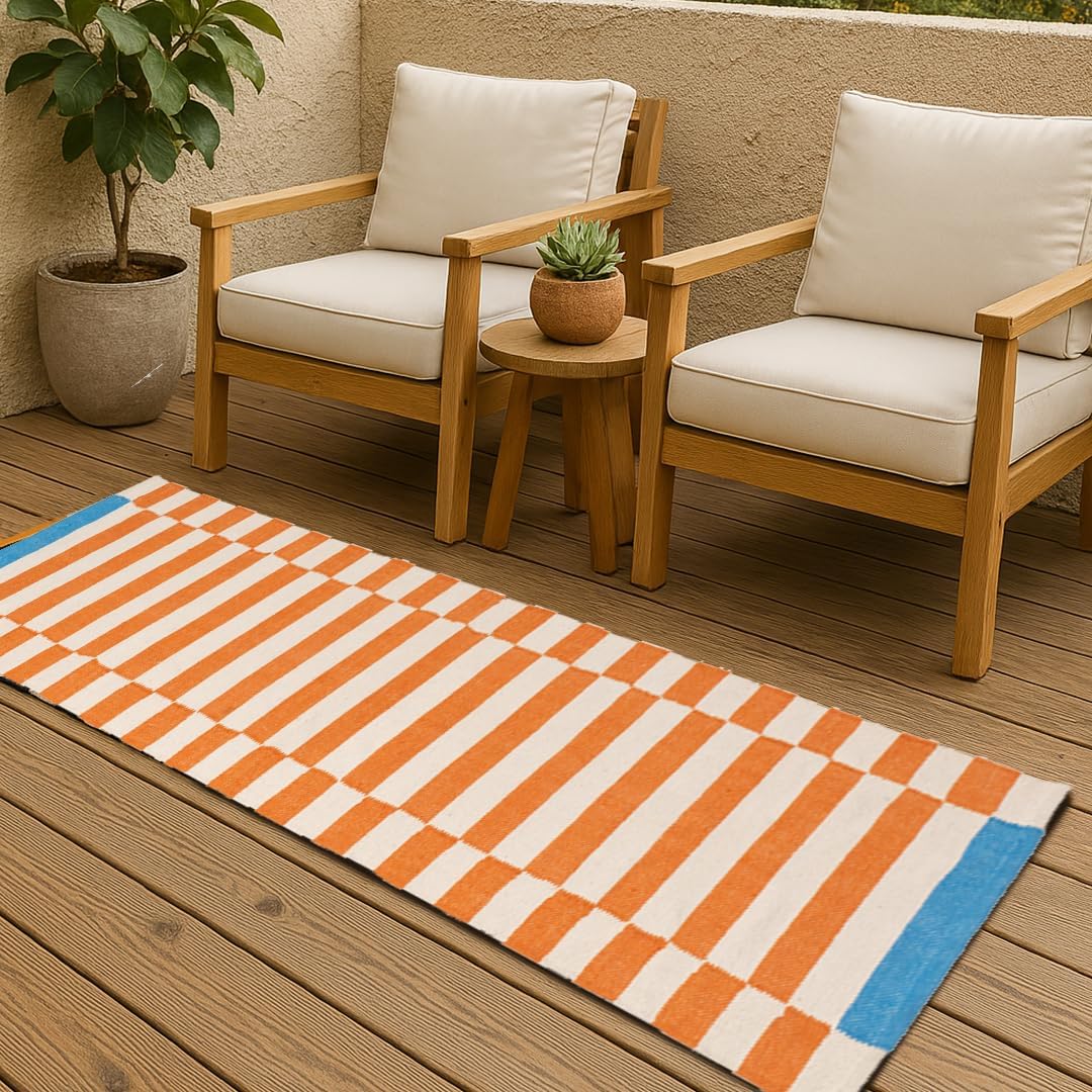 Folkulture Runner Rug for Hallways, 2x6 ft 100% Cotton Washable Bathroom Runner-Rugs or Kitchen & Home, 24x72 Inch (Rust & Blue)