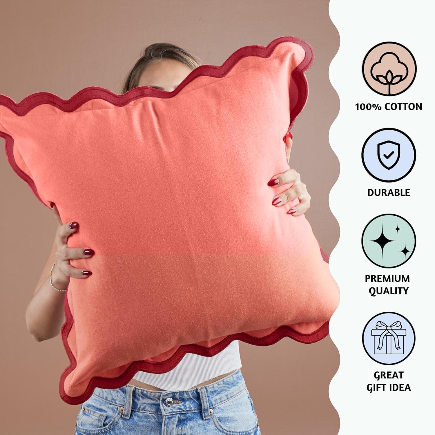 Folkulture 18 X 18" Set of 2 Cushion Cover Scallop Embroidery Oasis - Coral Red