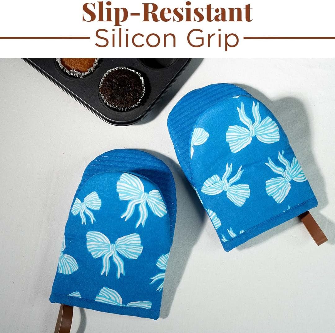 Folkulture Small Oven Mitts Set of 2 | 5.75 x 9 Heat Resistant Blue Mitts with Hanging Loop | Cotton & Silicone Oven Gloves for Baking