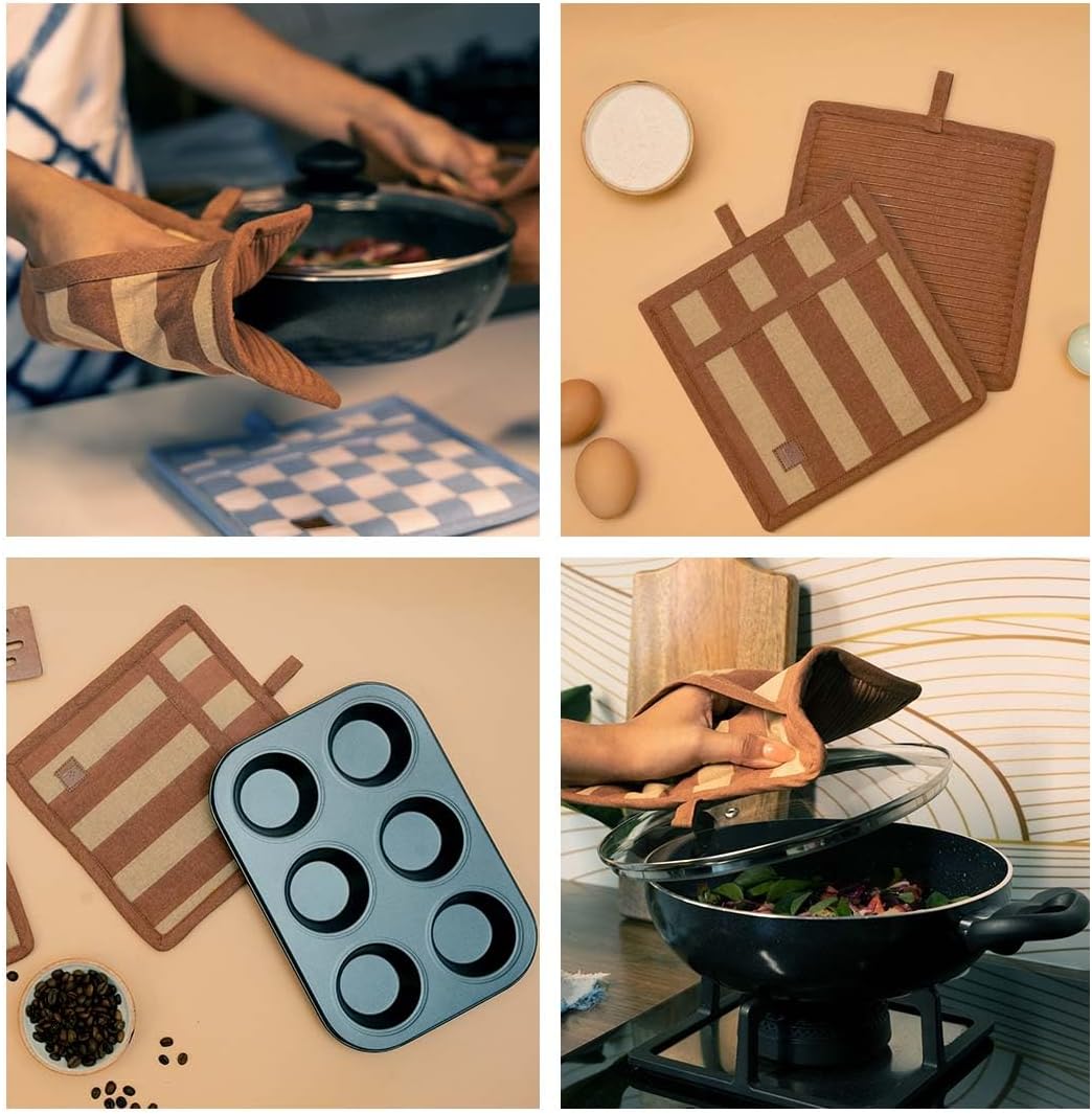 Folkulture Set of 2, 8" 100% Cotton and Silicon Square Potholders - Caramel