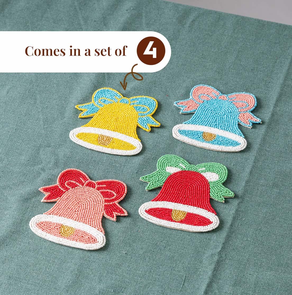 Folkulture Christmas Coasters Set of 4 (4") Merry Bell Coaster for Christmas Table | Cute Holiday Coasters for Christmas Décor Gifts for Women