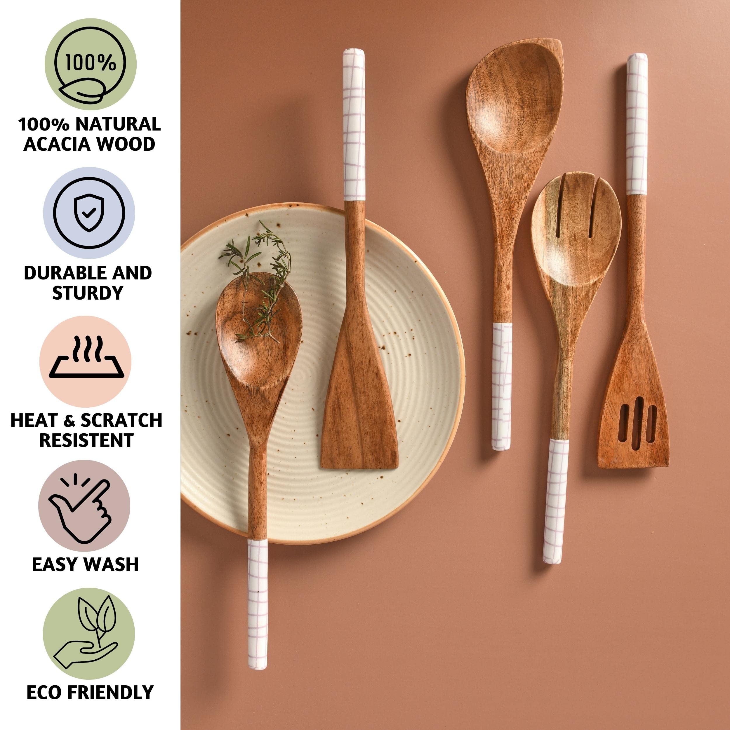 Folkulture Wooden Cooking Utensils White Checks - Set of 5