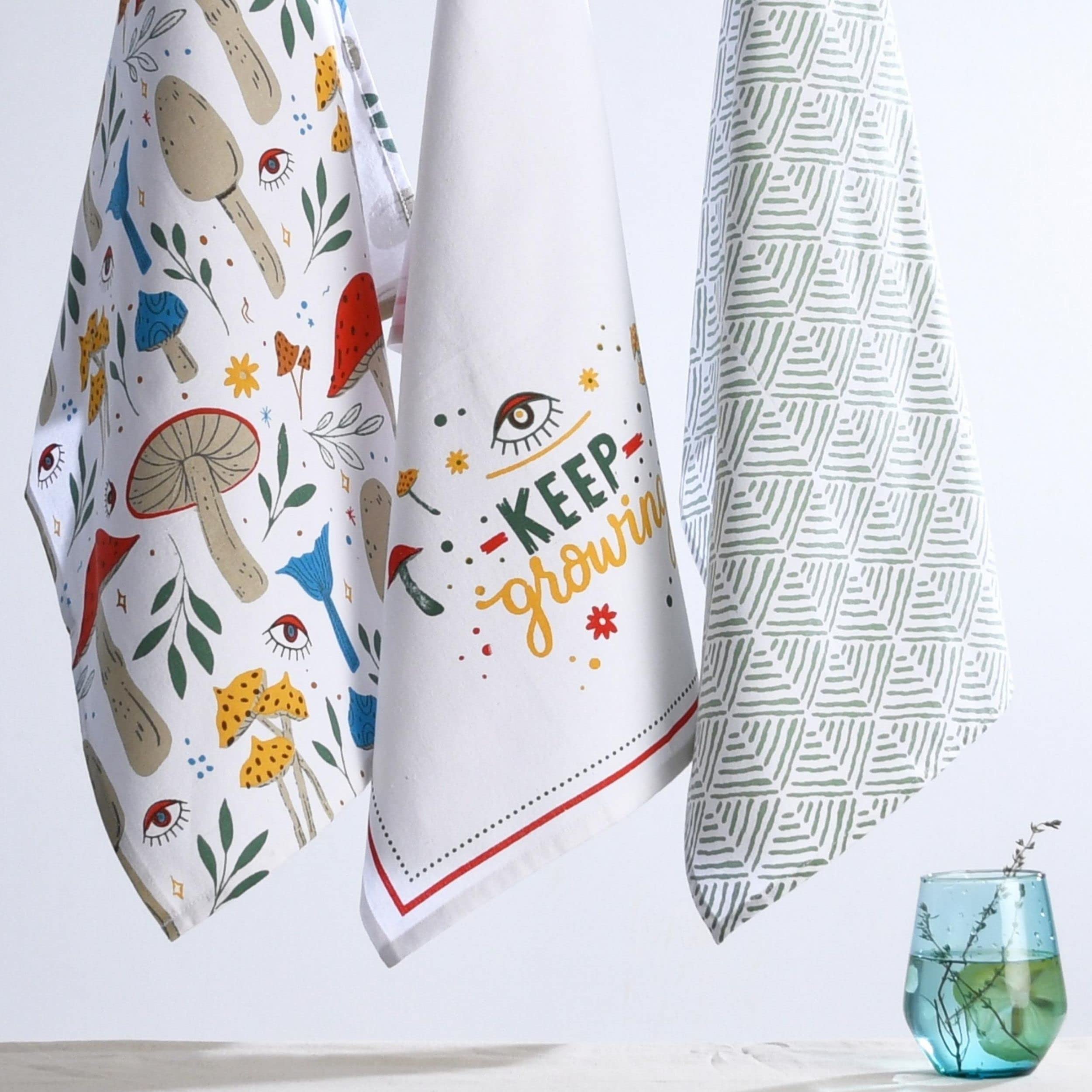 Folkulture Set of 3 - Kitchen Towel 100% Recycled Cotton Magic Mushroom