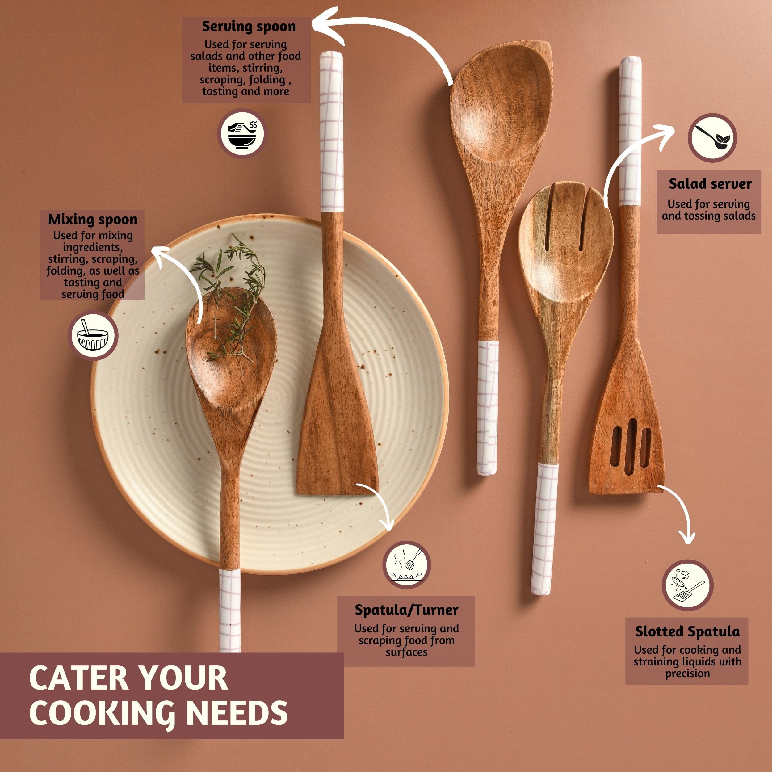 Folkulture Wooden Cooking Utensils White Checks - Set of 5